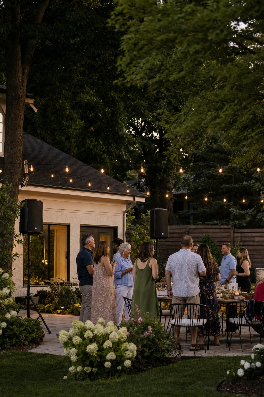 Backyard gathering with an outdoor sound-system setup