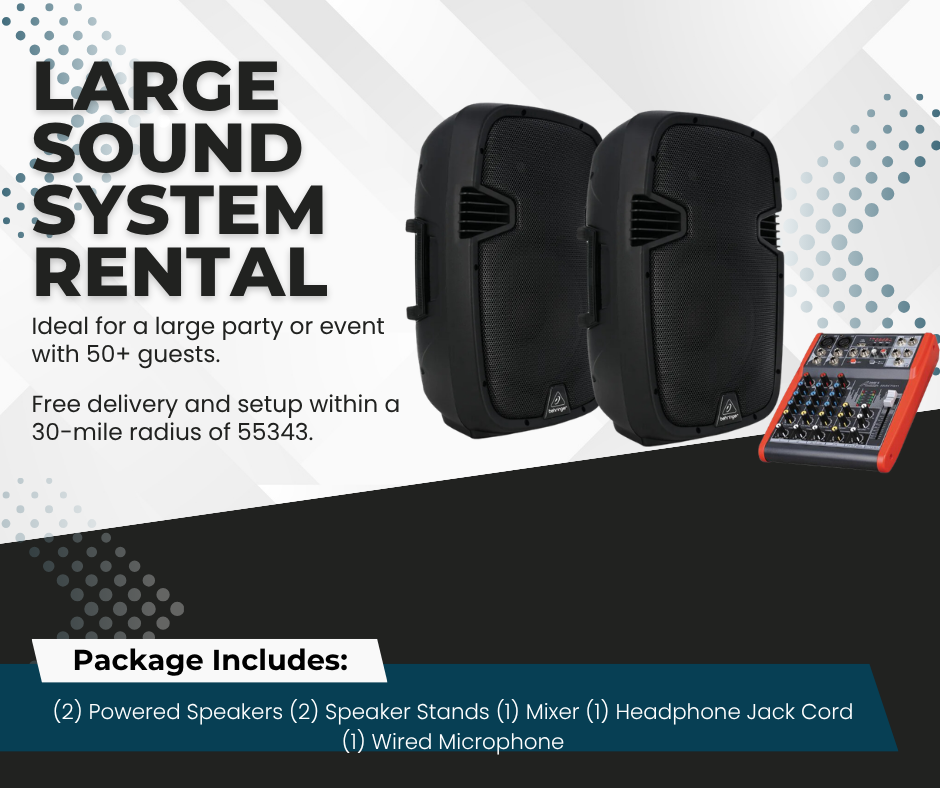 Large sound-system rental package with two speakers and mixer