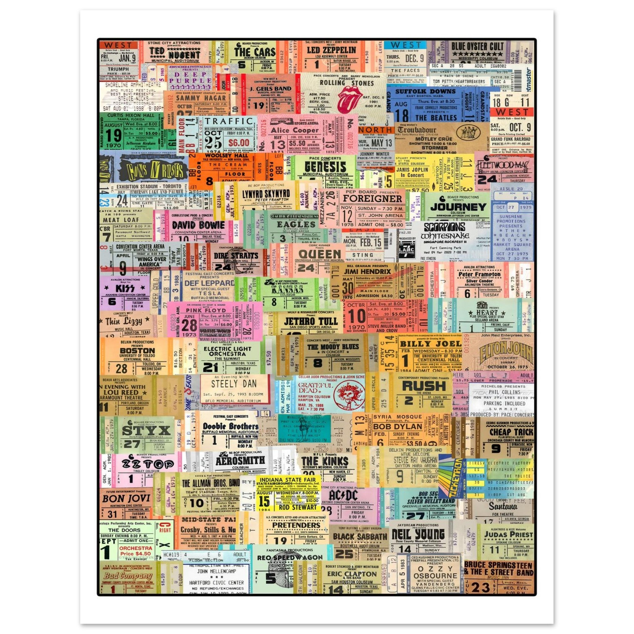 Classic rock concert ticket stub collage art print