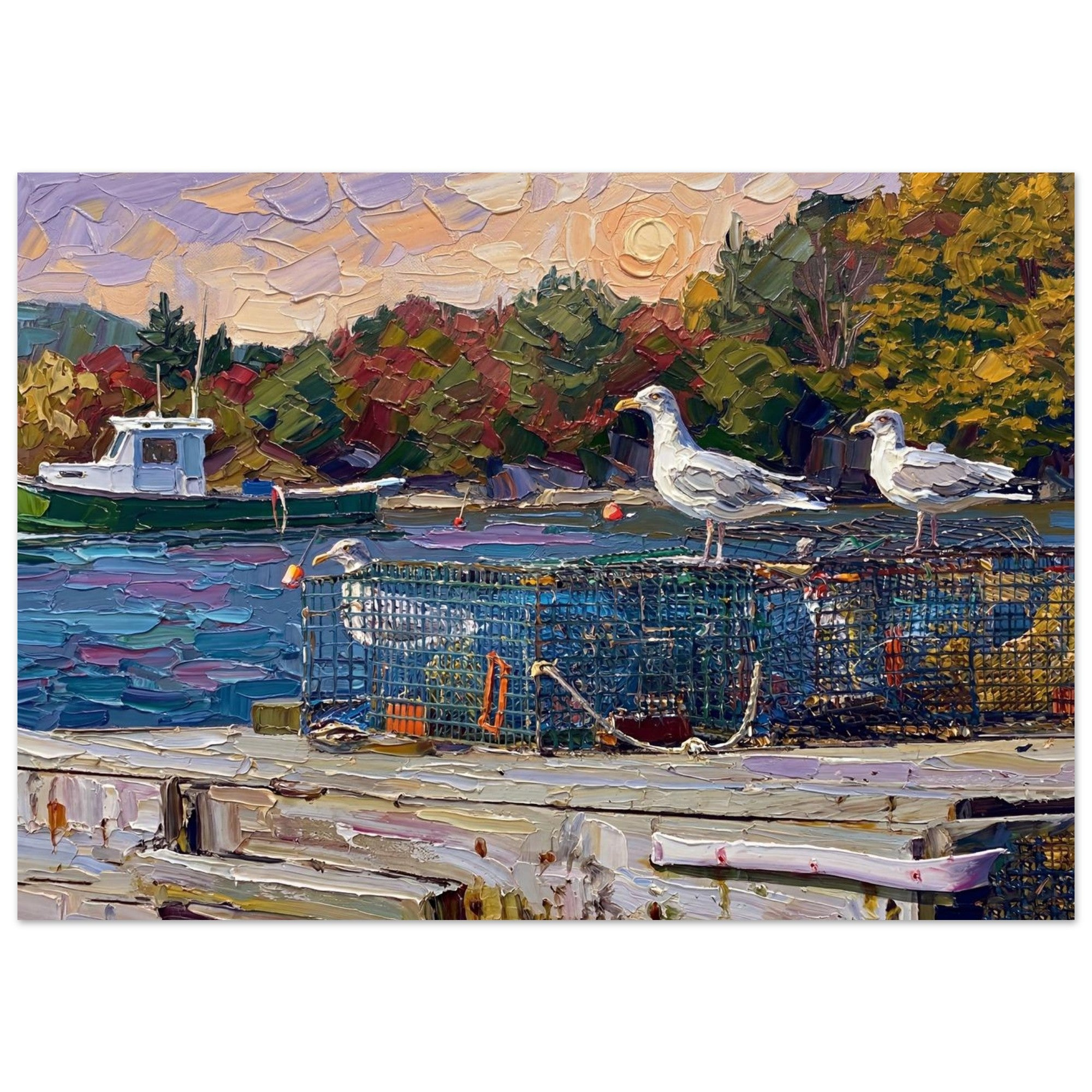 Seagulls and lobster traps art print from Mad Apple Art Prints