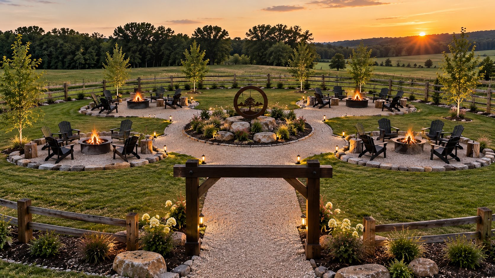 Proposed Fire Pit Village with separate fire pit seating sites, garden paths, and countryside sunset views