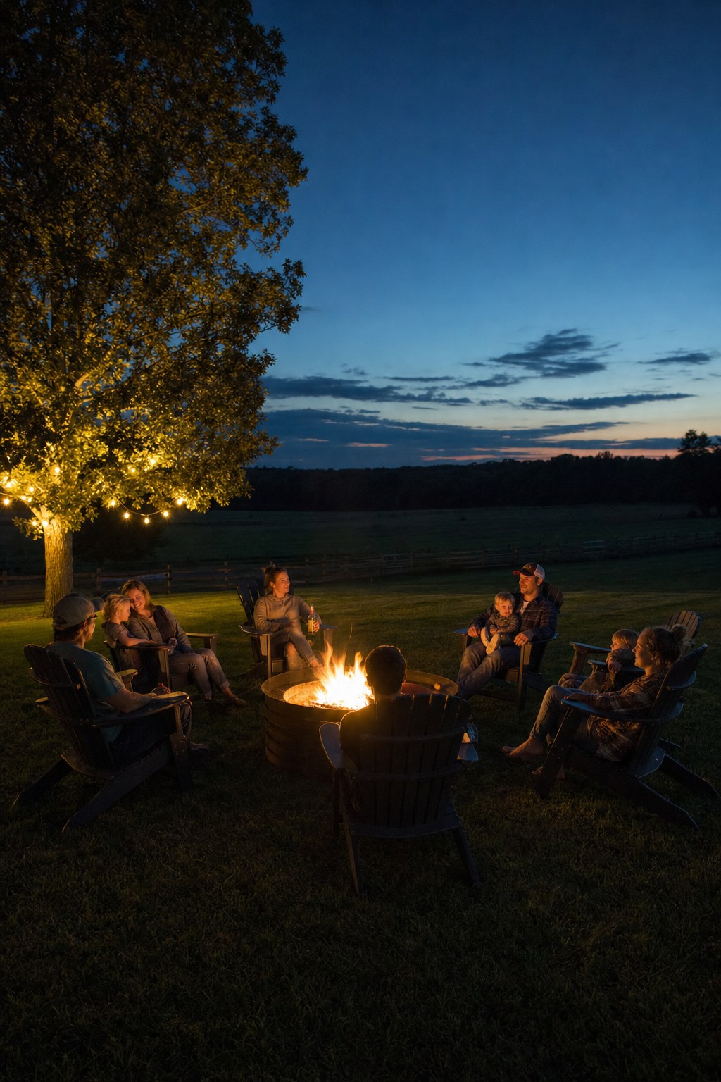 Guests gathered around a farm bonfire at dusk