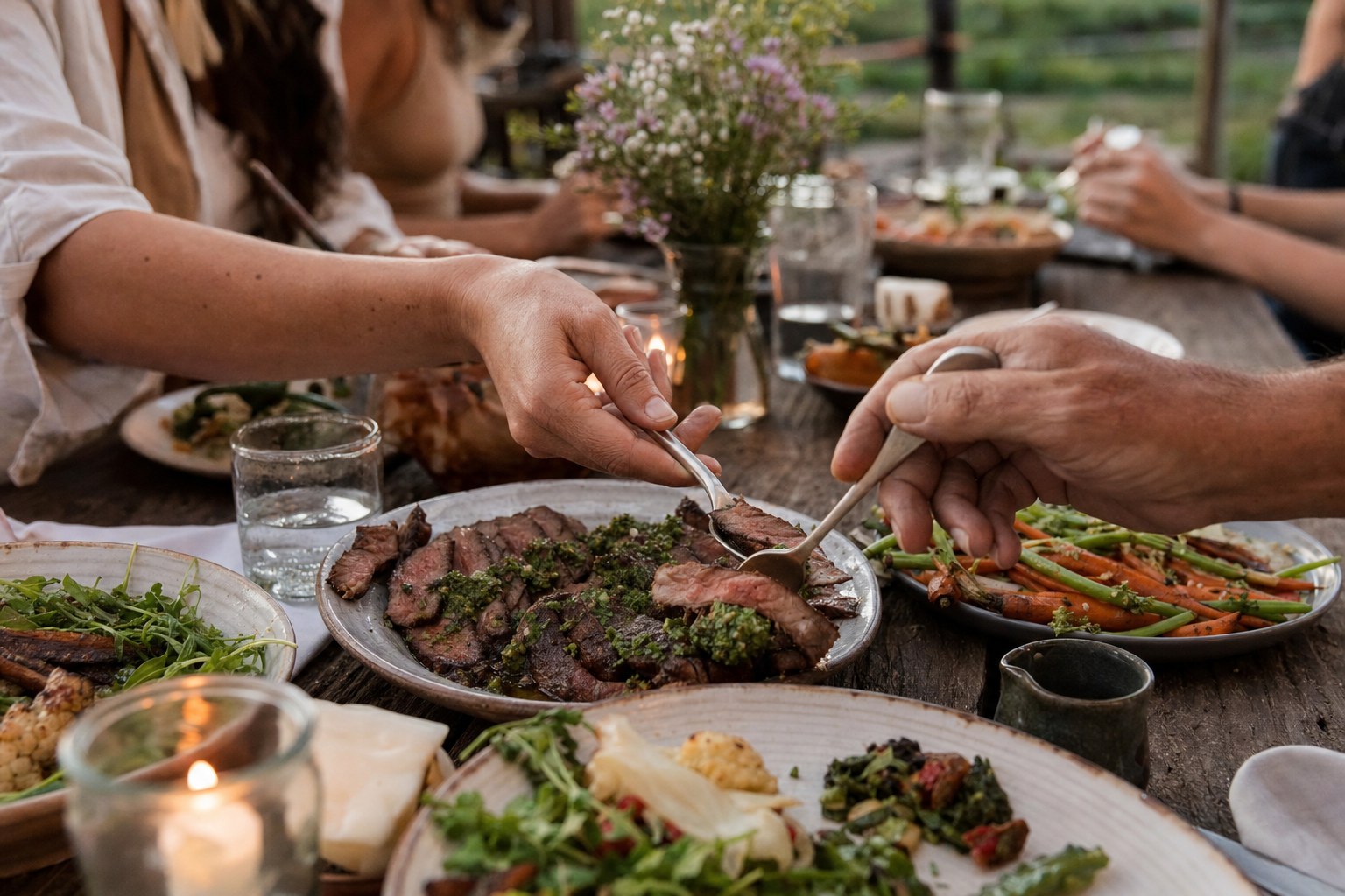 Farm-to-table meal shared at a rustic table
