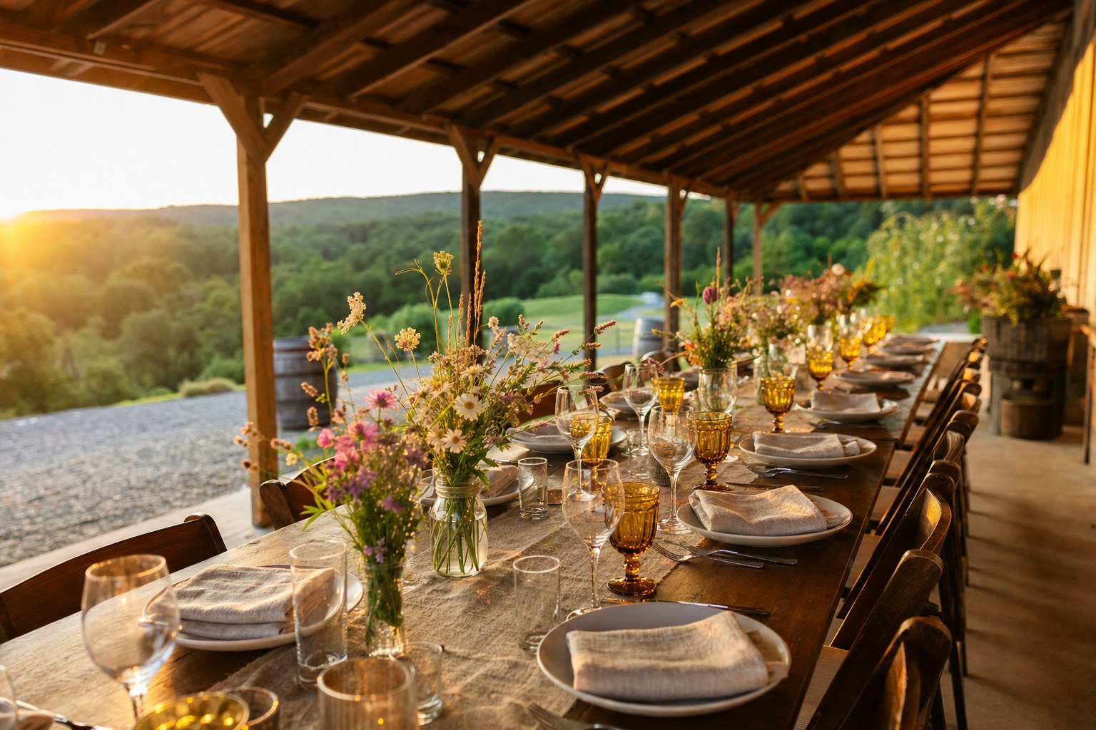 Long table set for a private gathering at a farm pavilion