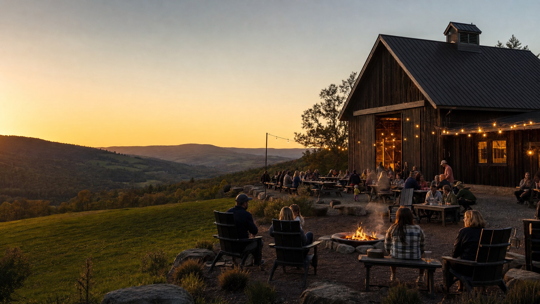 Farm taproom and outdoor tables at sunset