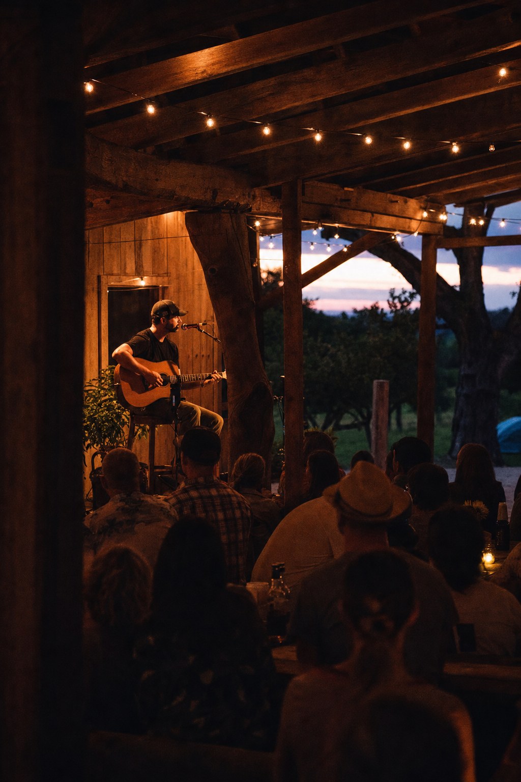 Acoustic musician performing at a farm gathering