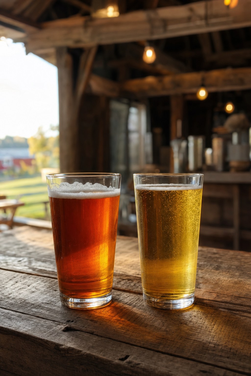Local beer and cider at a farm taproom bar
