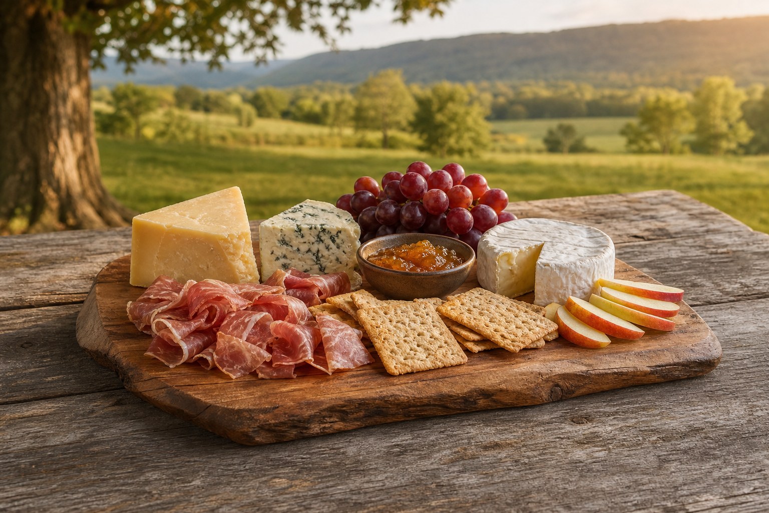 Illustrative cheese and charcuterie board on an outdoor table