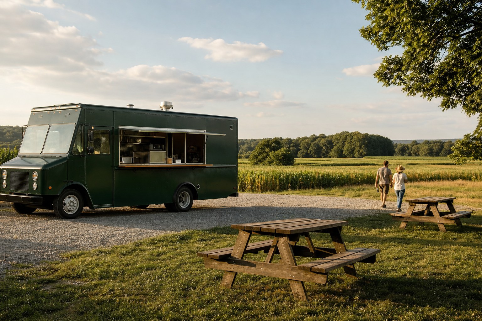 Illustrative food truck beside countryside picnic tables