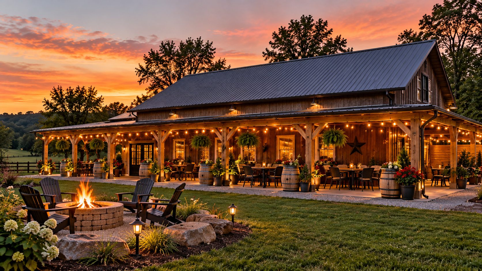 Sunset Ridge barn at sunset, with a covered porch, warm string lights, and a fire pit