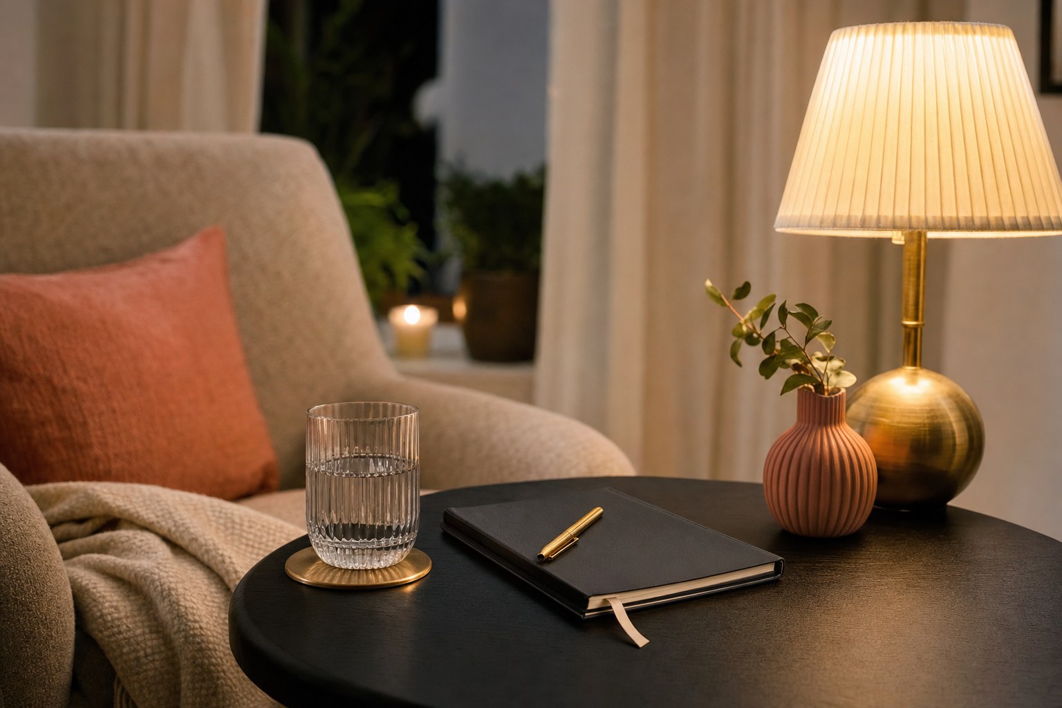 A quiet evening space with a journal, water, and warm lamp light