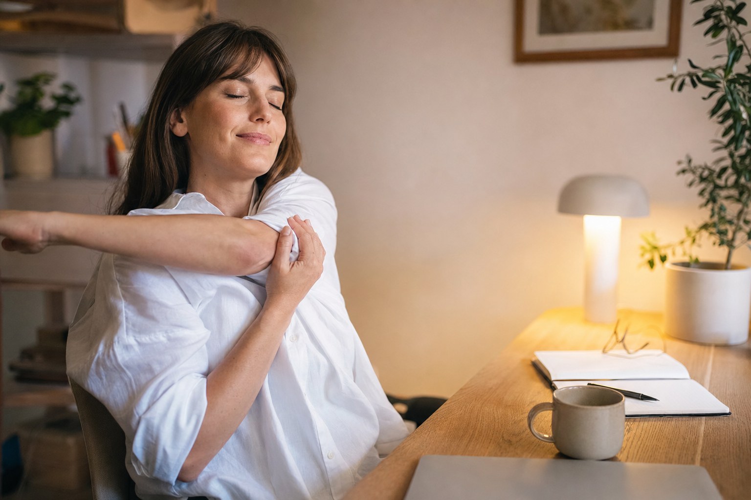 A woman gently stretching her shoulder beside a desk