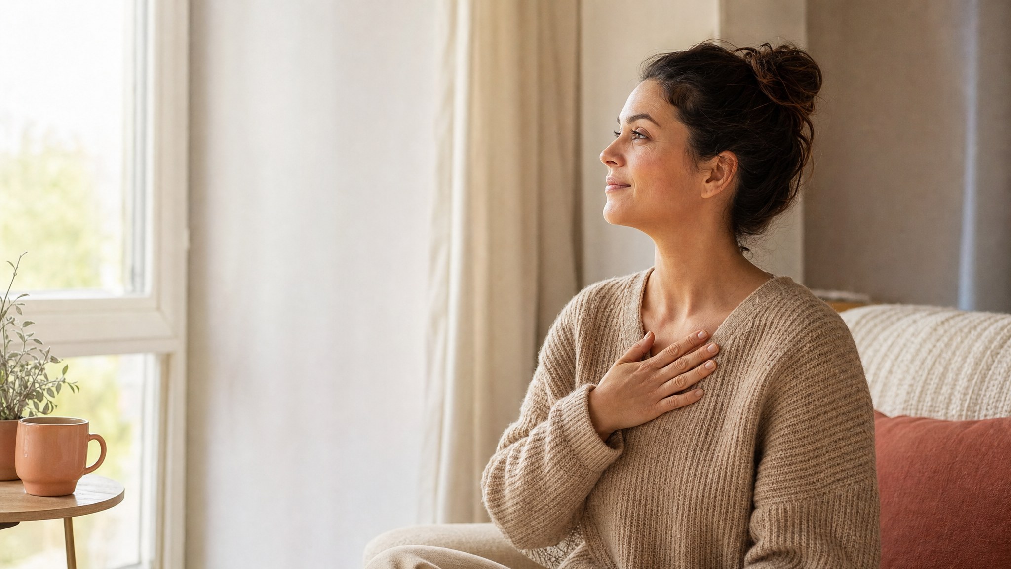A woman taking a slow breath beside a sunlit window
