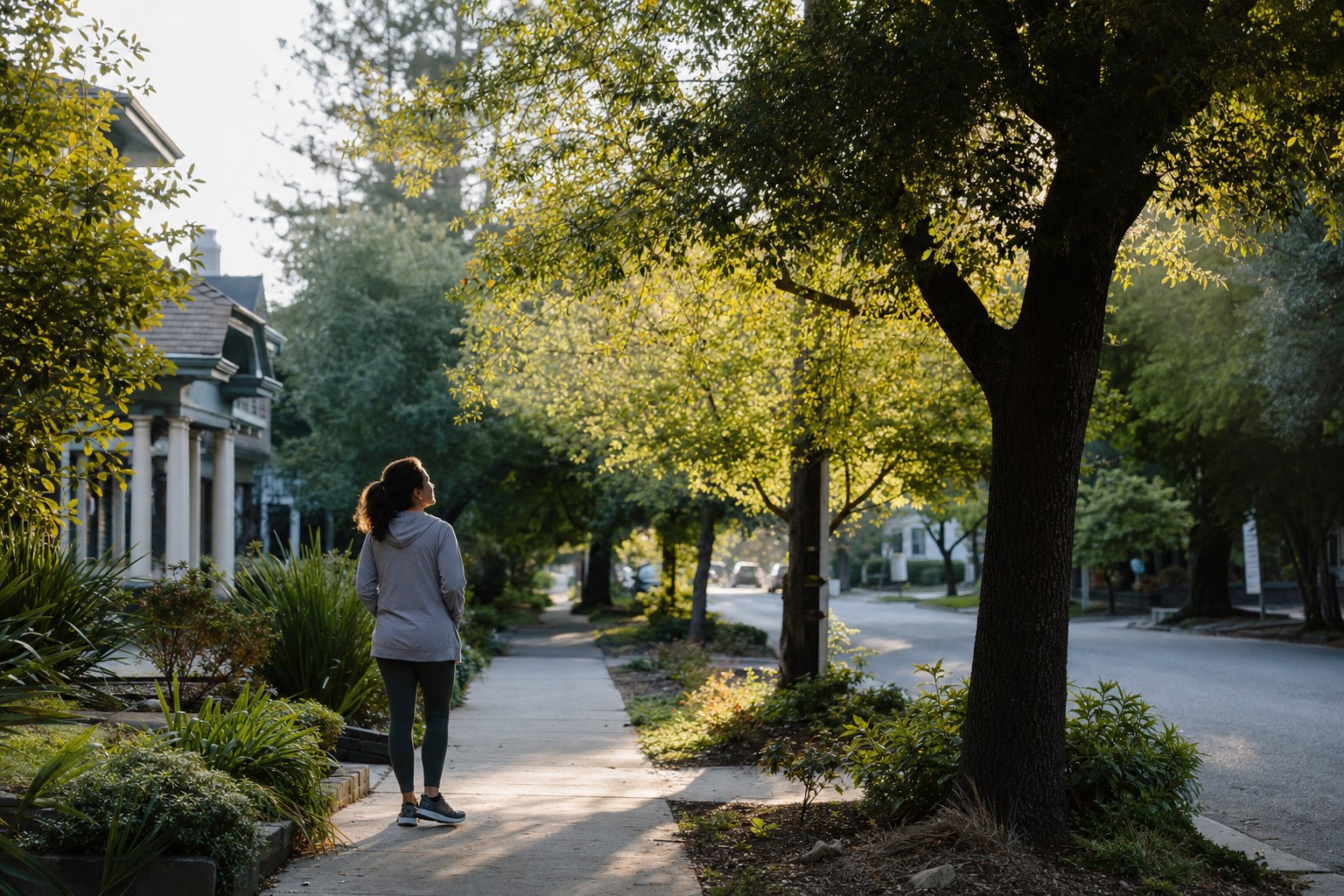 A person pausing on a tree-lined neighborhood walk