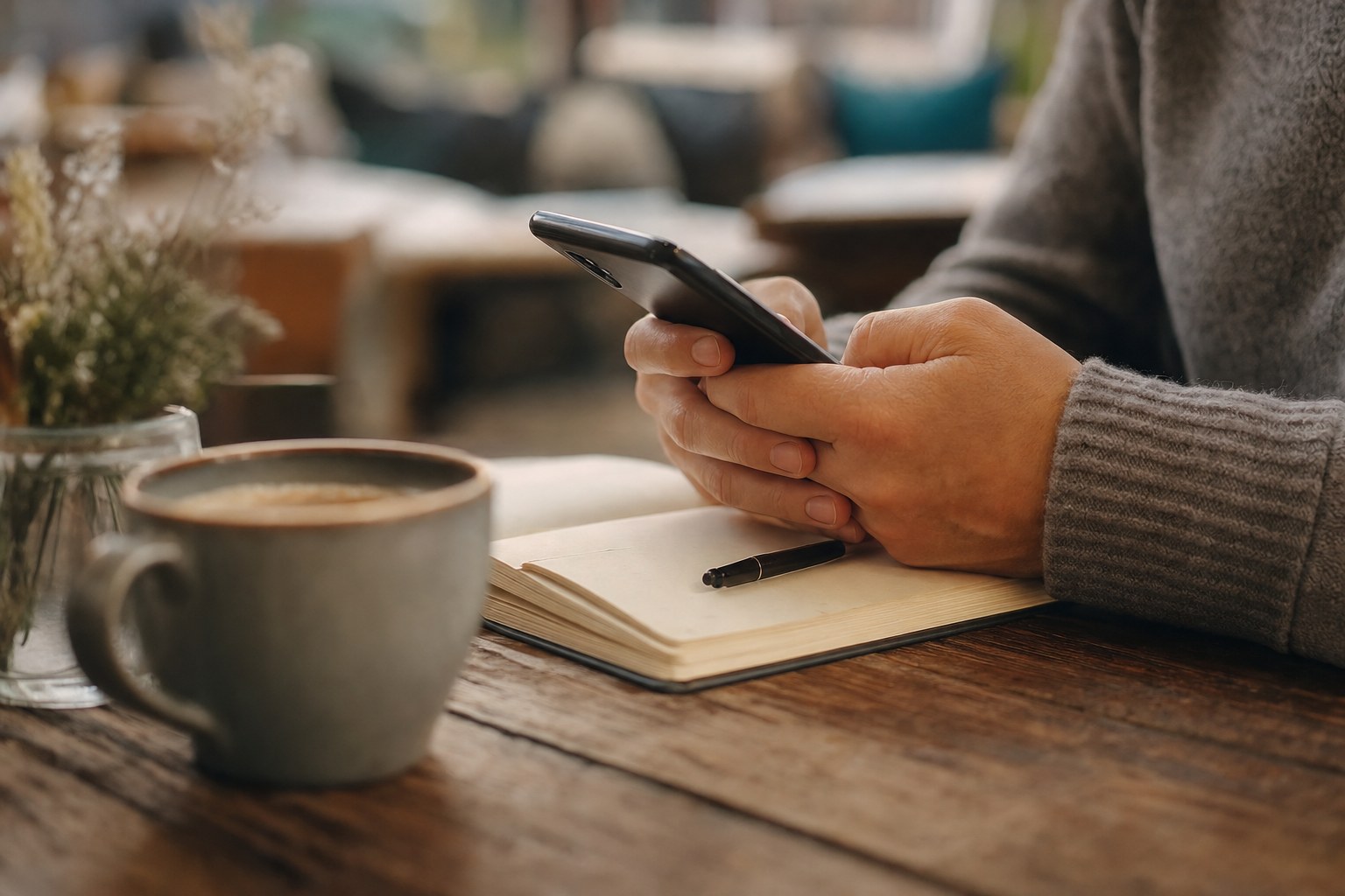 An adult composing a thoughtful message beside a notebook and coffee