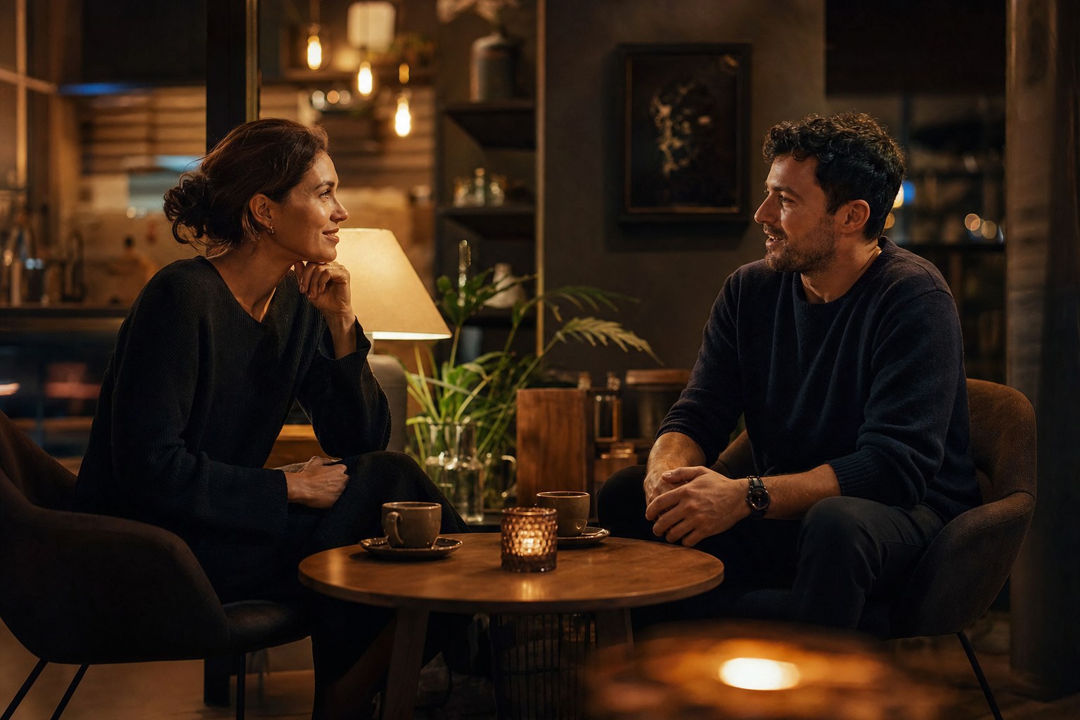 Two adults sharing a relaxed first conversation across a café table