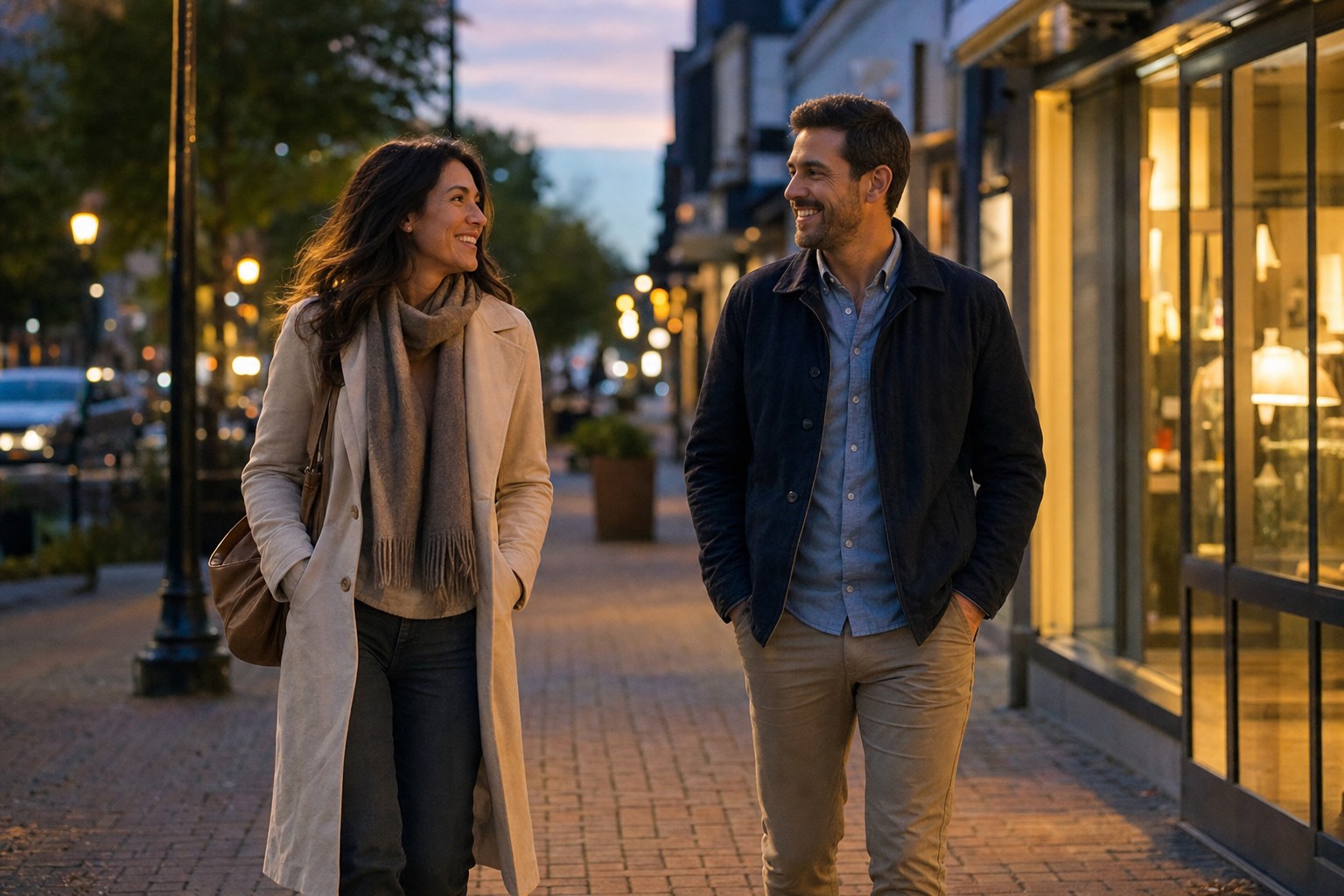 Two adults walking and talking in a well-lit public city setting