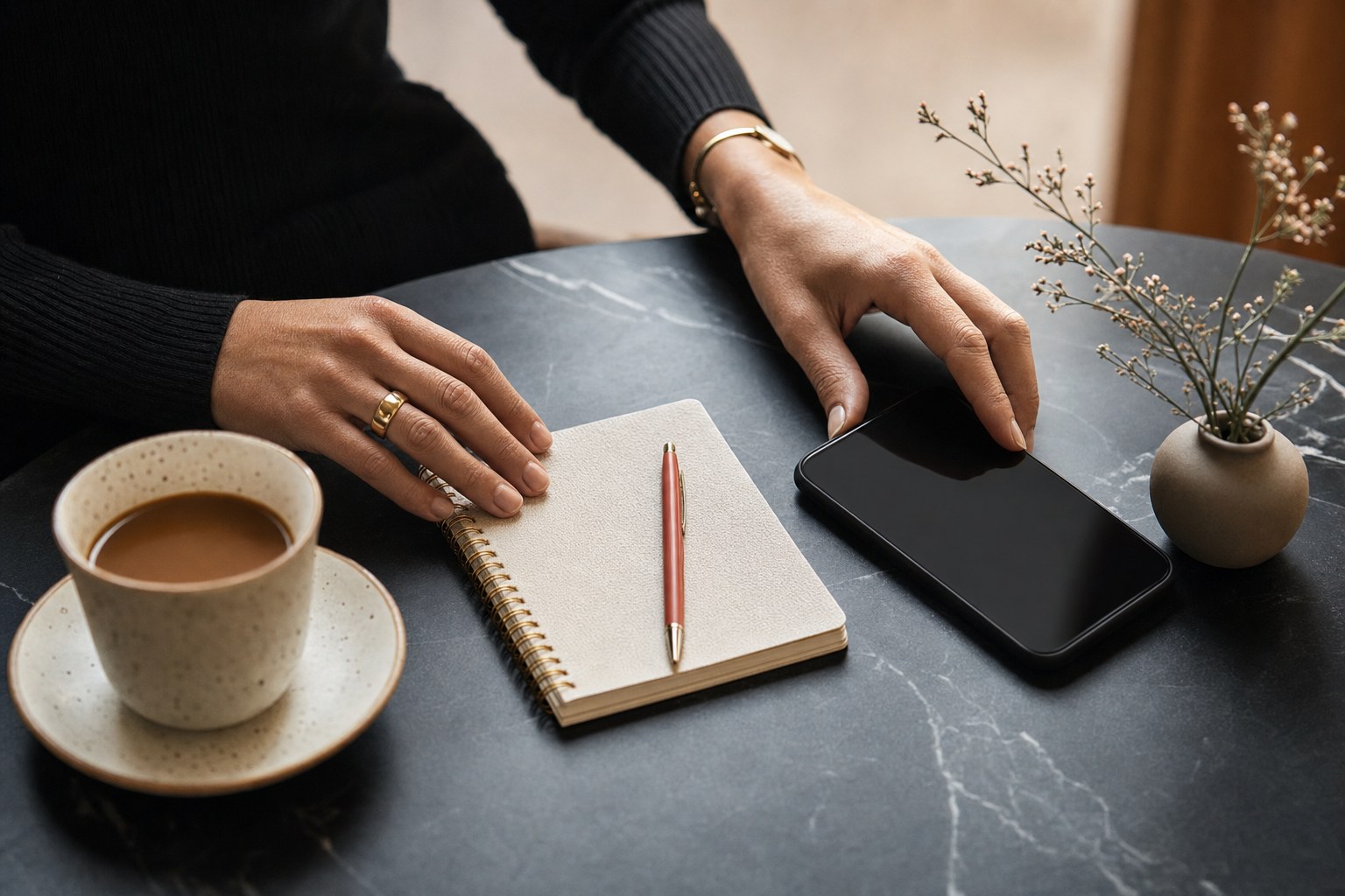 Hands organizing a notebook, coffee and phone while planning a personal introduction