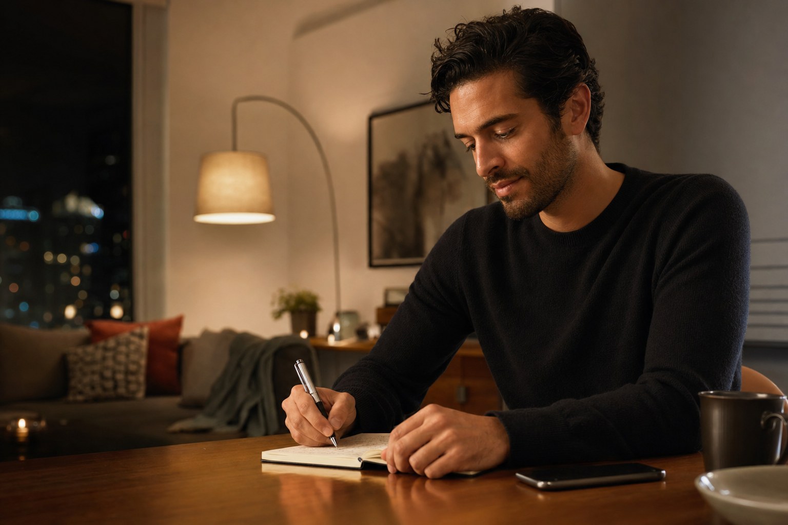 Adult writing in a notebook while preparing a personal profile