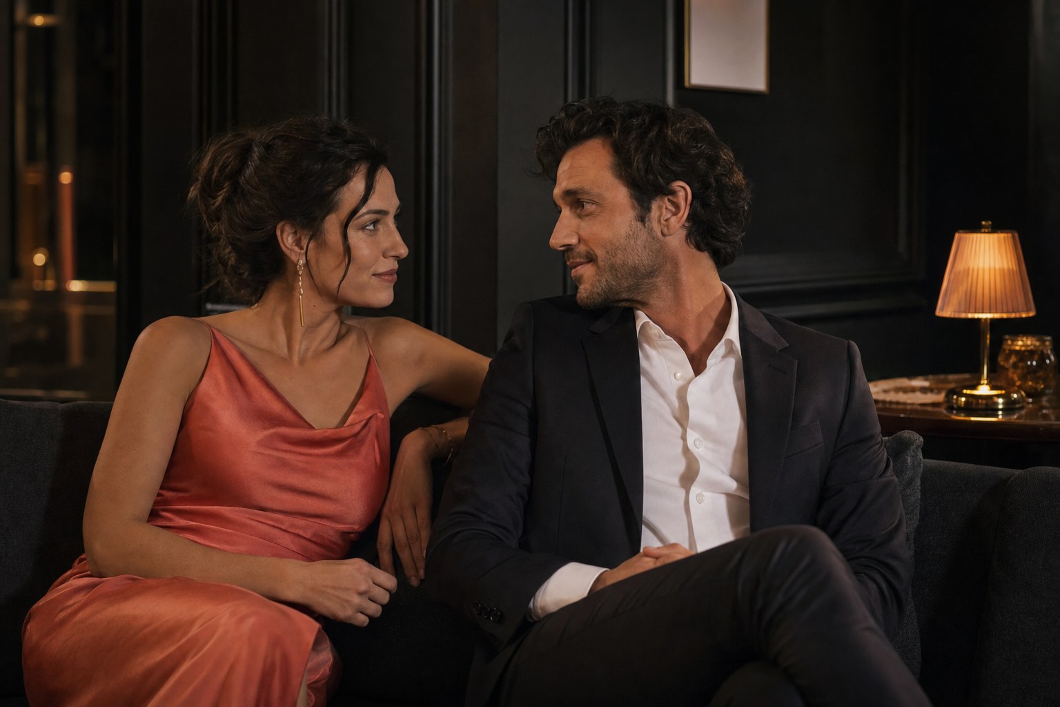 Adult woman and man sharing a warm, private conversation in a lounge