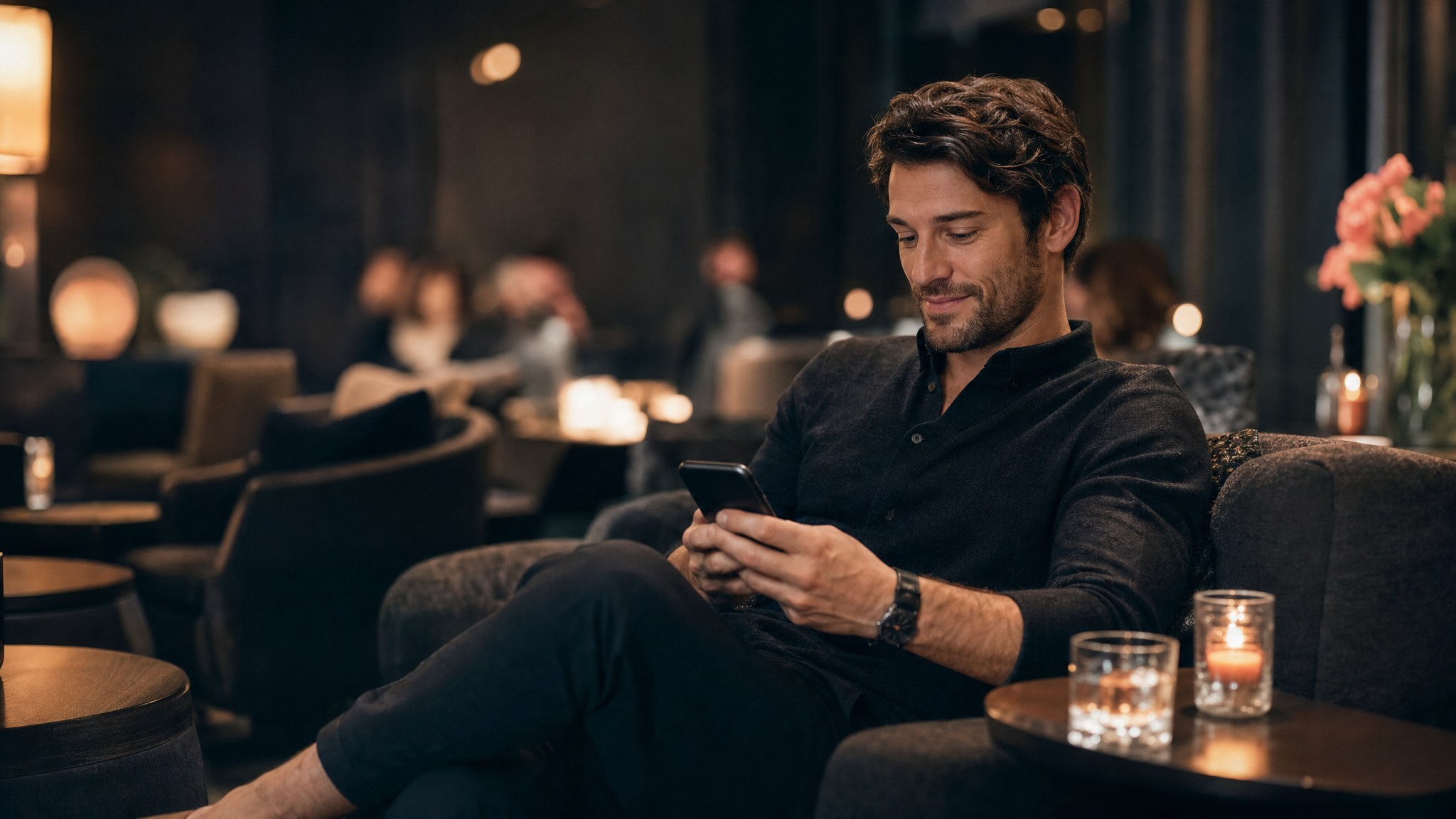Adult reviewing a dating profile on a phone in a relaxed lounge