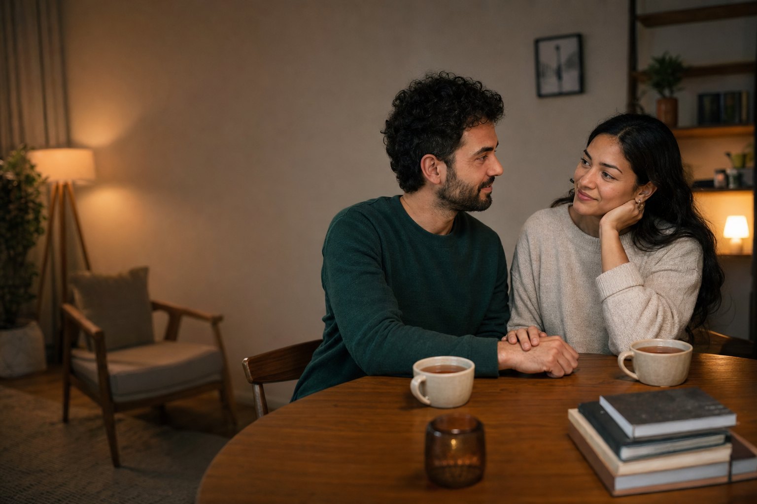 Adult man and woman sharing a calm, affectionate moment after a conversation