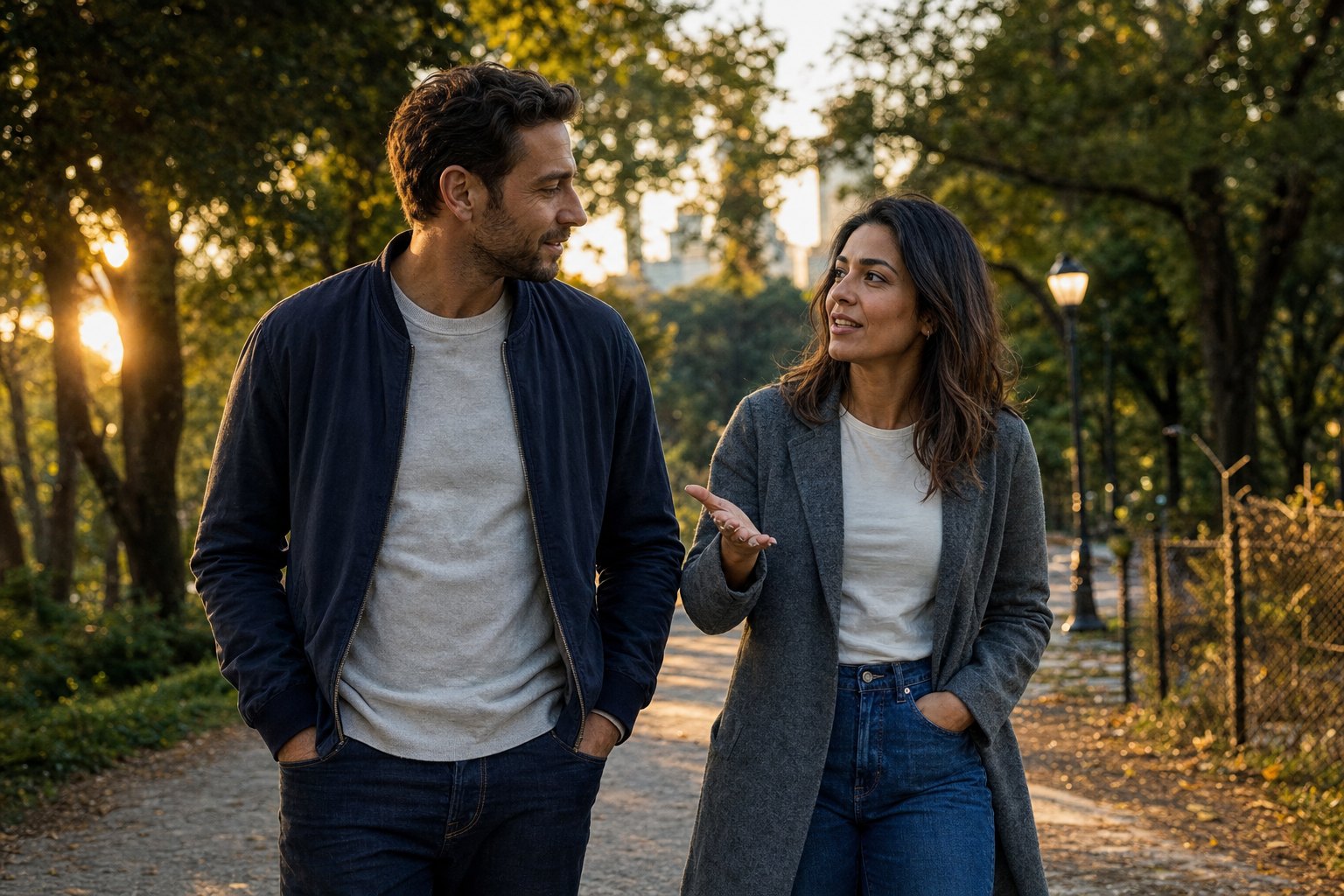 Adult man and woman walking together and talking openly after a disagreement