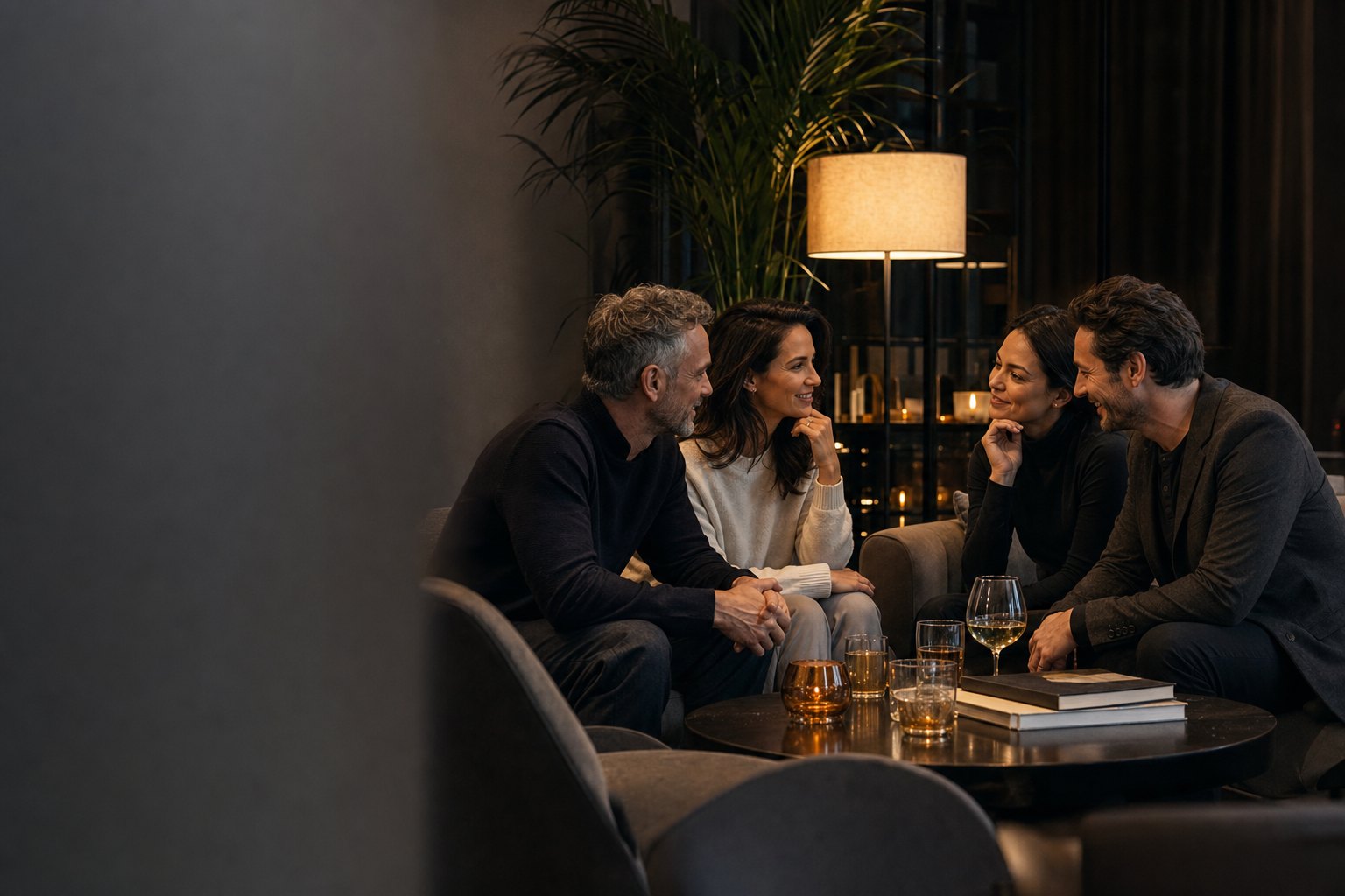 Two couples sharing a warm, thoughtful conversation in a lounge