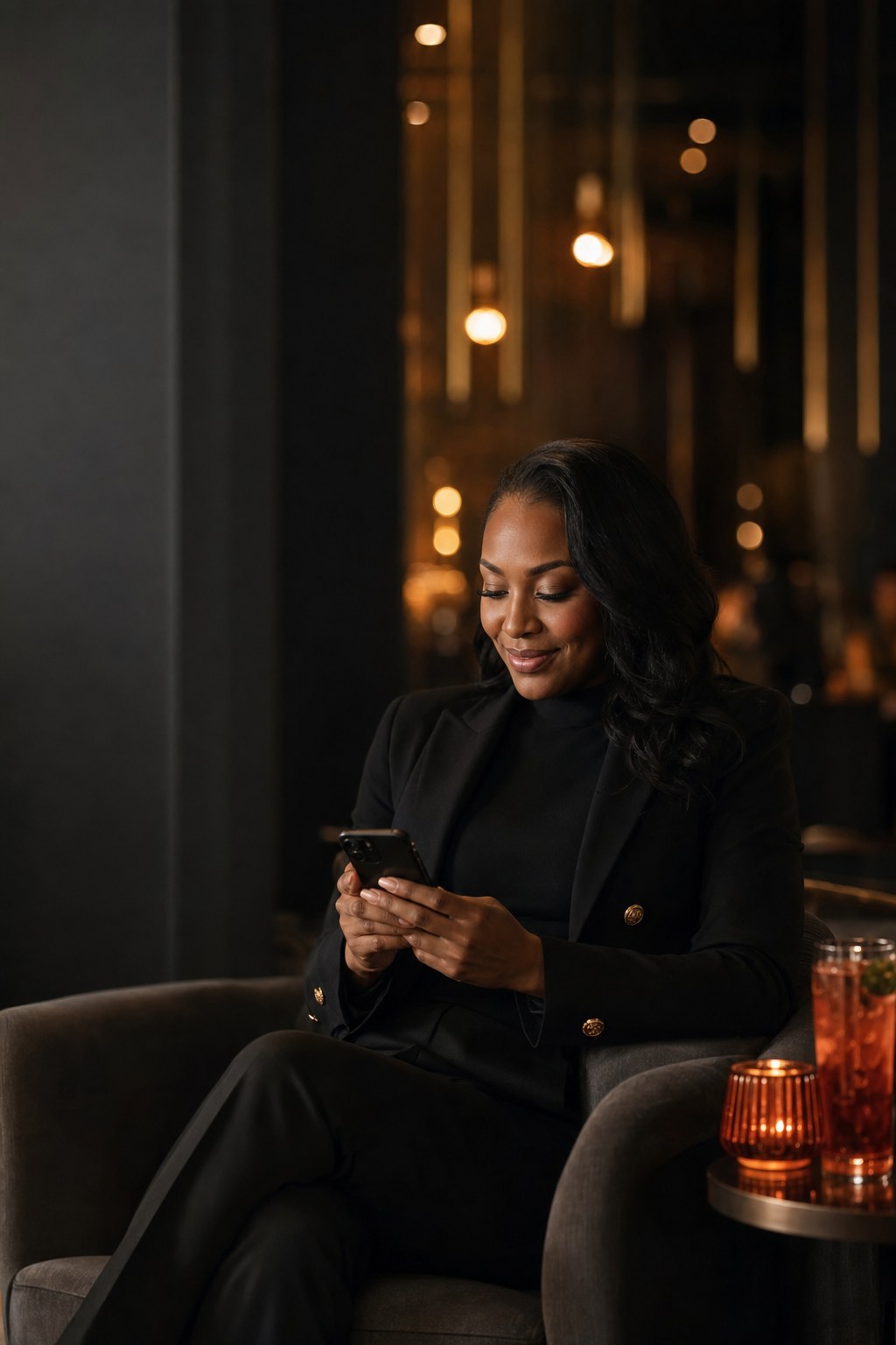 Woman checking her phone in a warm social lounge