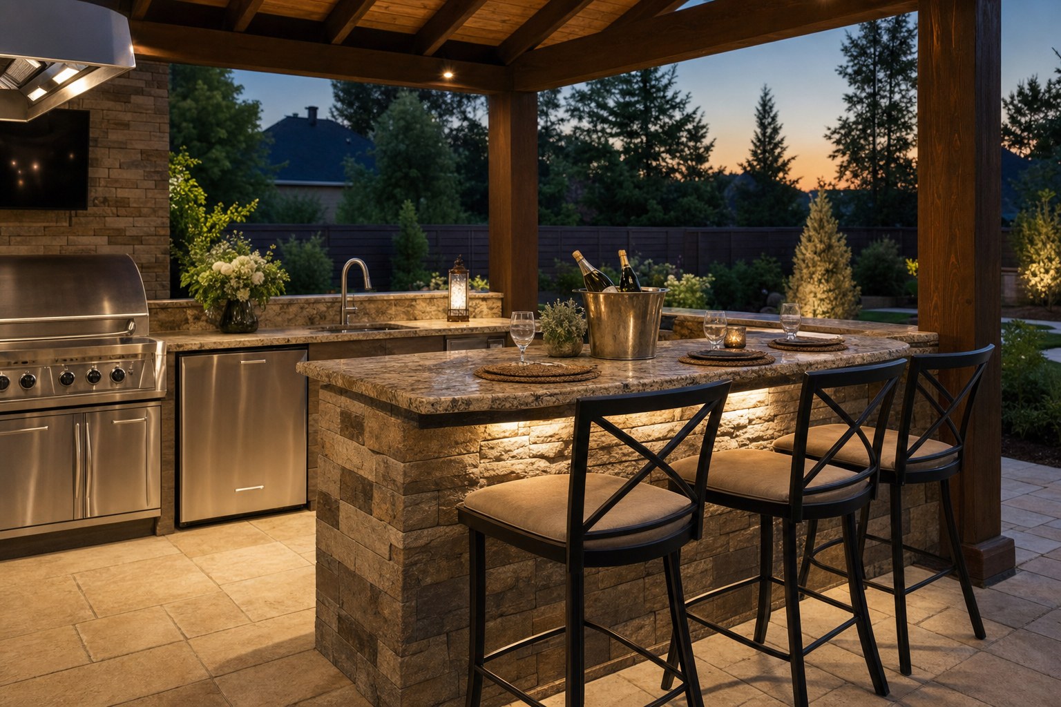 Outdoor bar with a grill, sink, refrigerator, counter seating, and prep space