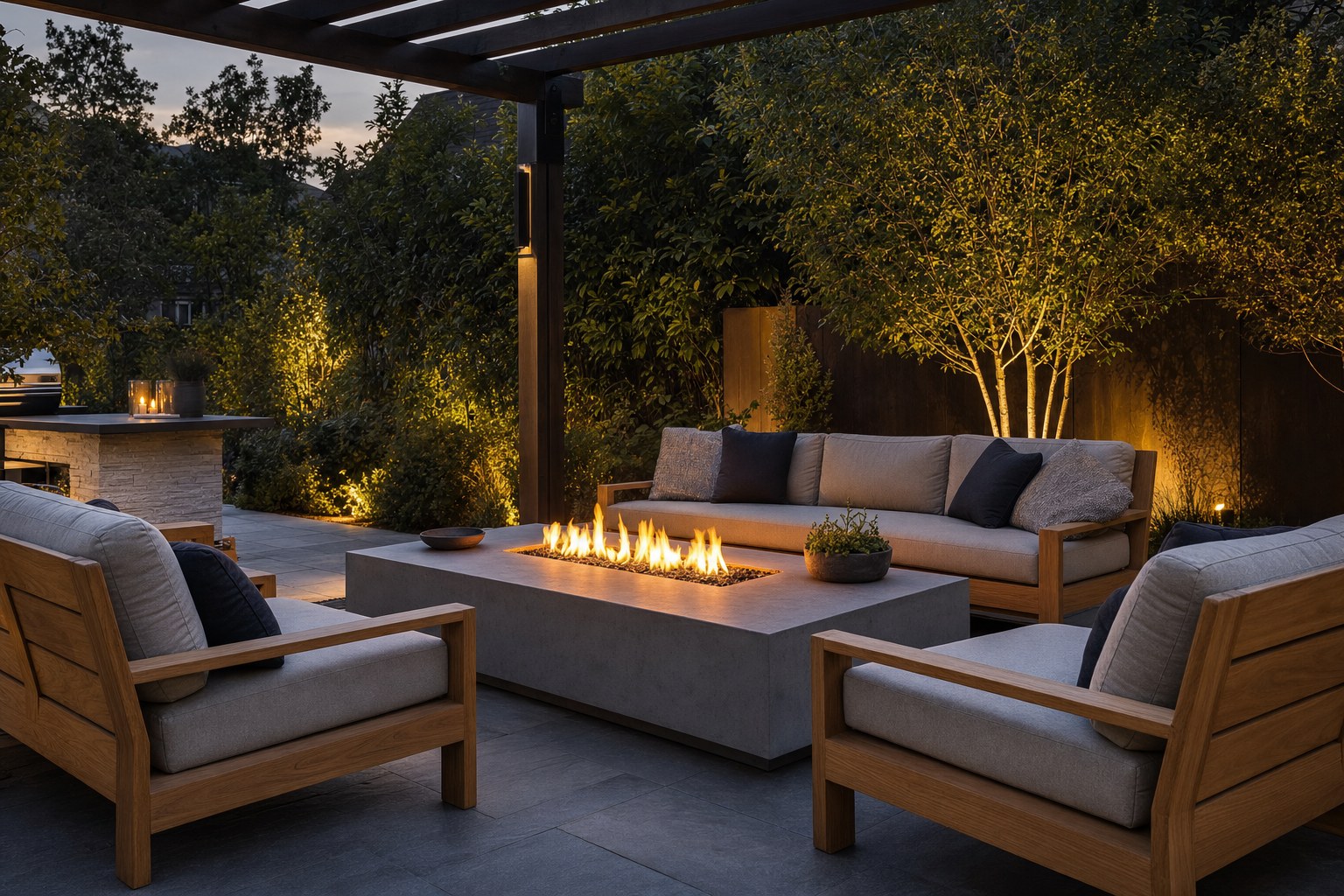 Teak lounge seating gathered around a modern gas fire table at dusk