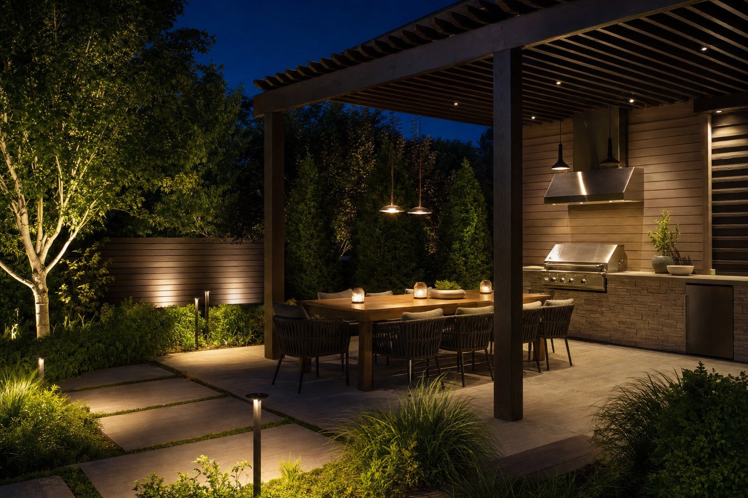 Outdoor kitchen and dining patio with task lights, path lights, and landscape lighting after dark