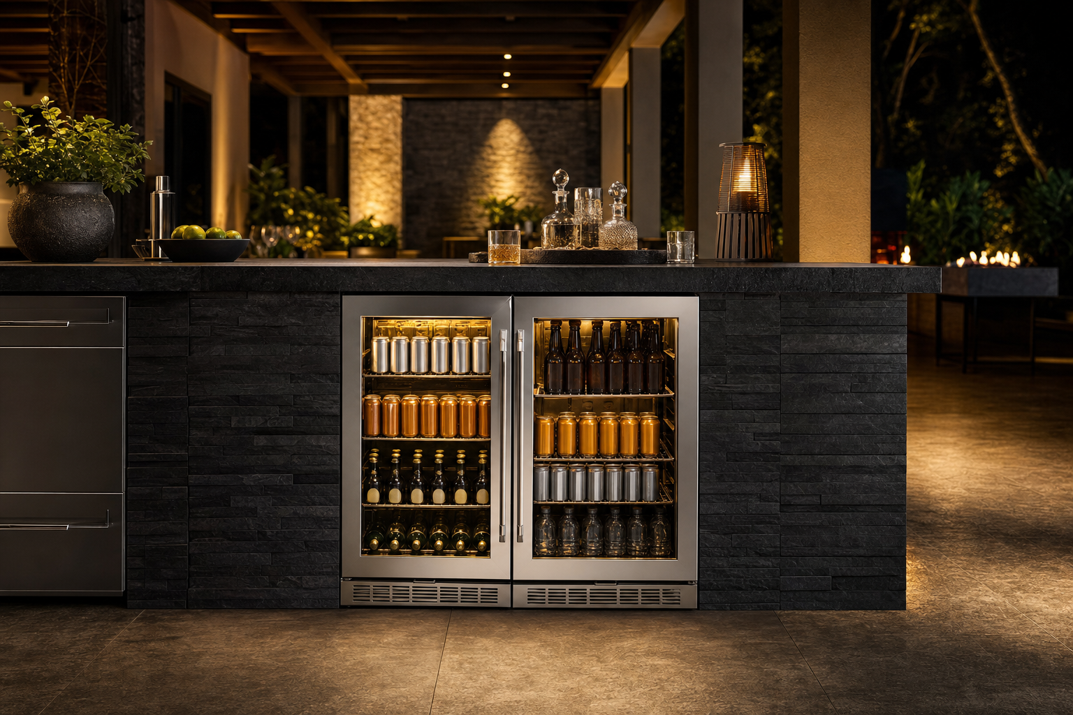 Outdoor bar with stainless steel beverage refrigeration