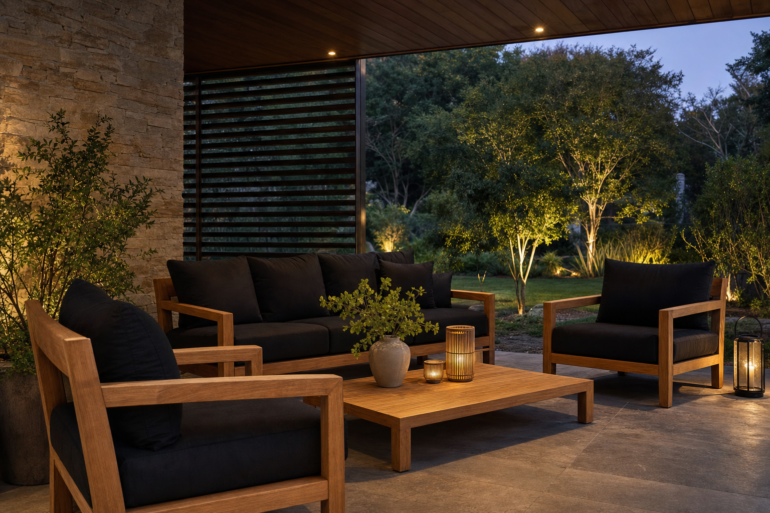 Teak outdoor lounge at dusk