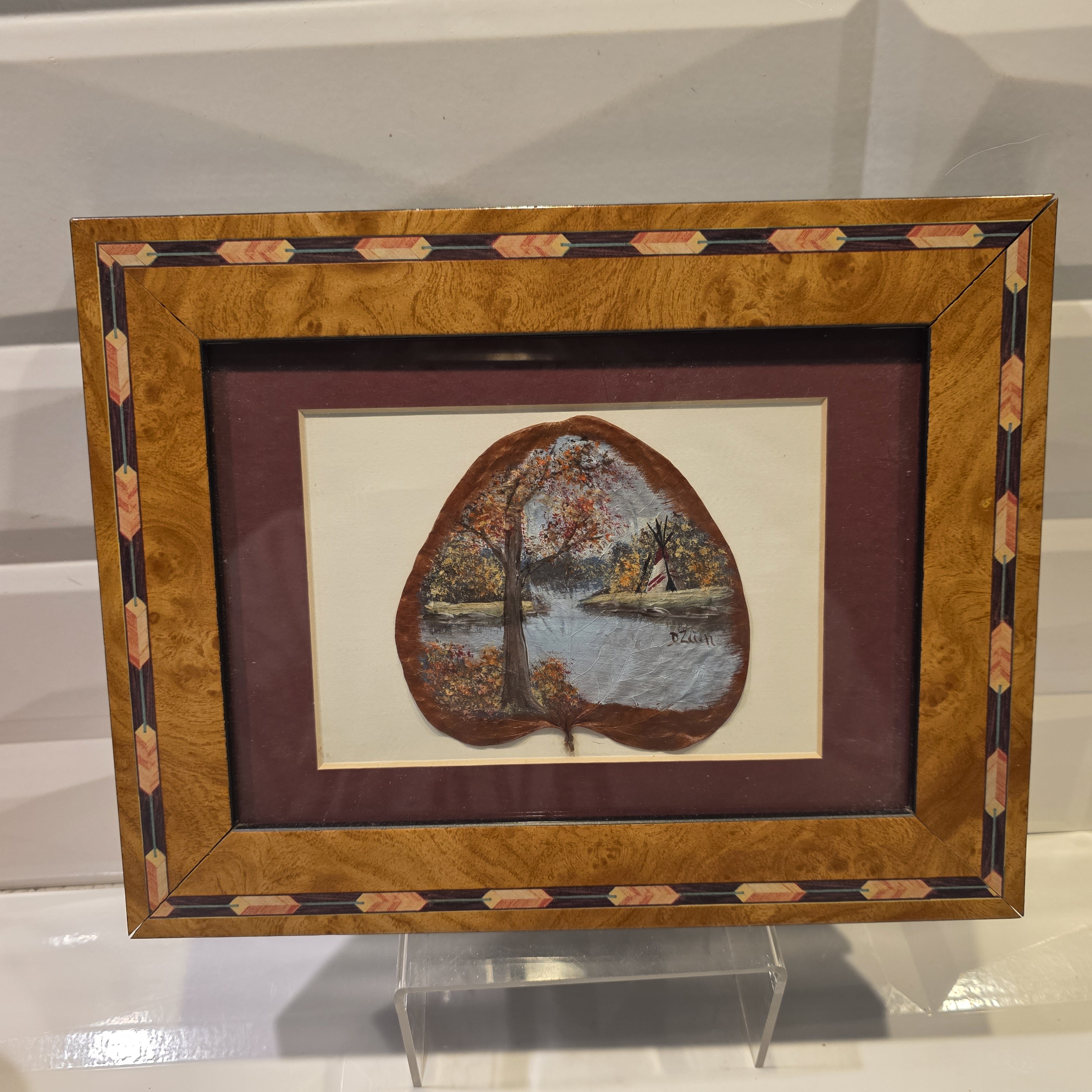 Signed Miniature Autumn Landscape on a Preserved Cottonwood Leaf