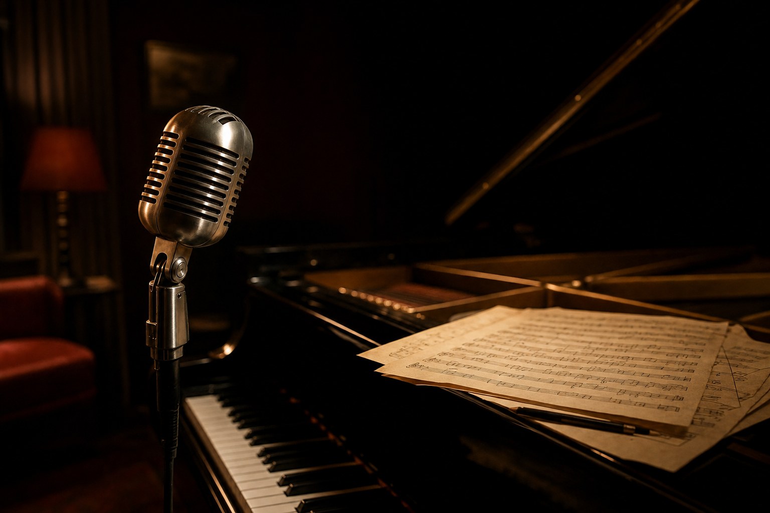 Vintage microphone and sheet music on a grand piano