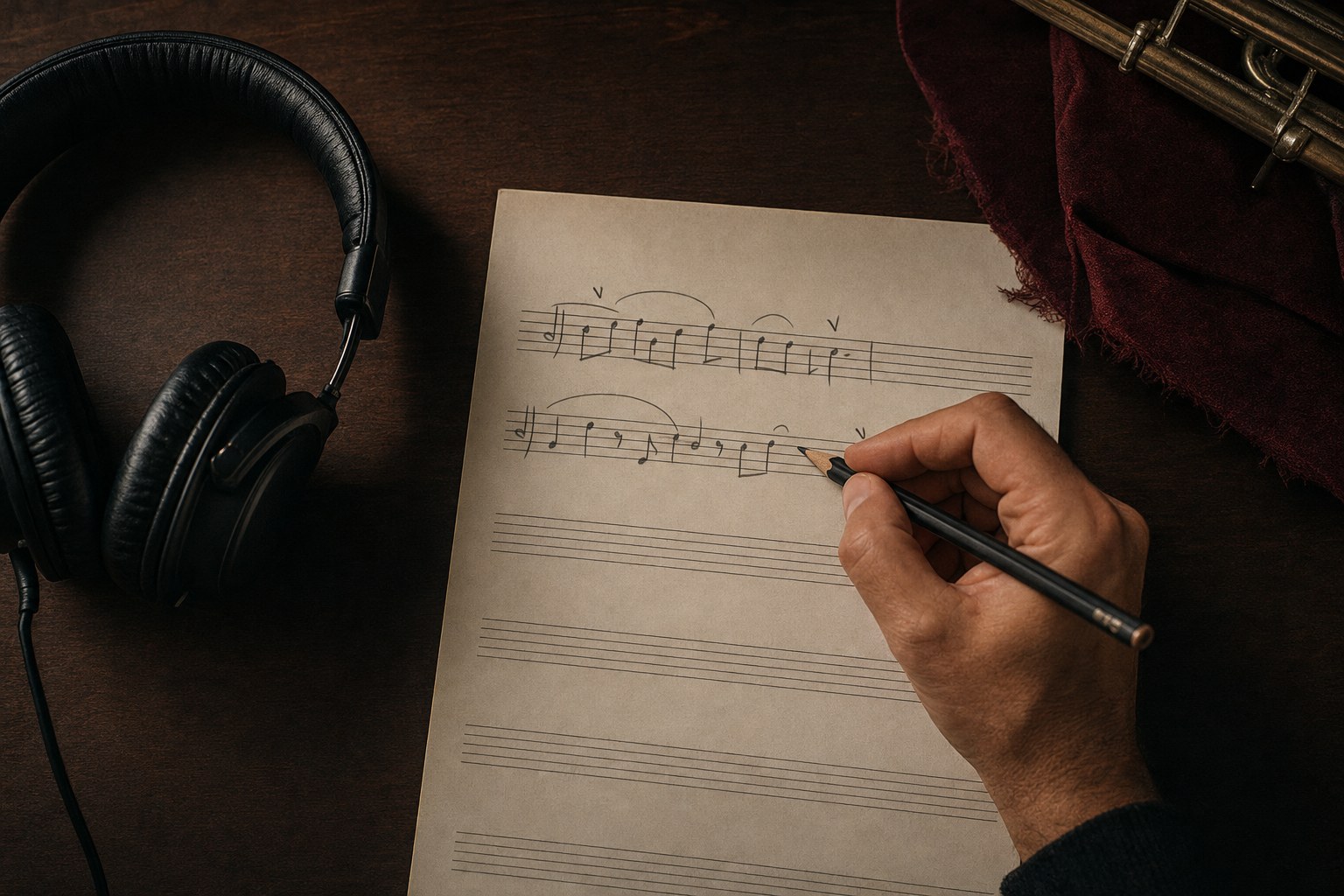 Hand marking phrasing notes on staff paper beside headphones