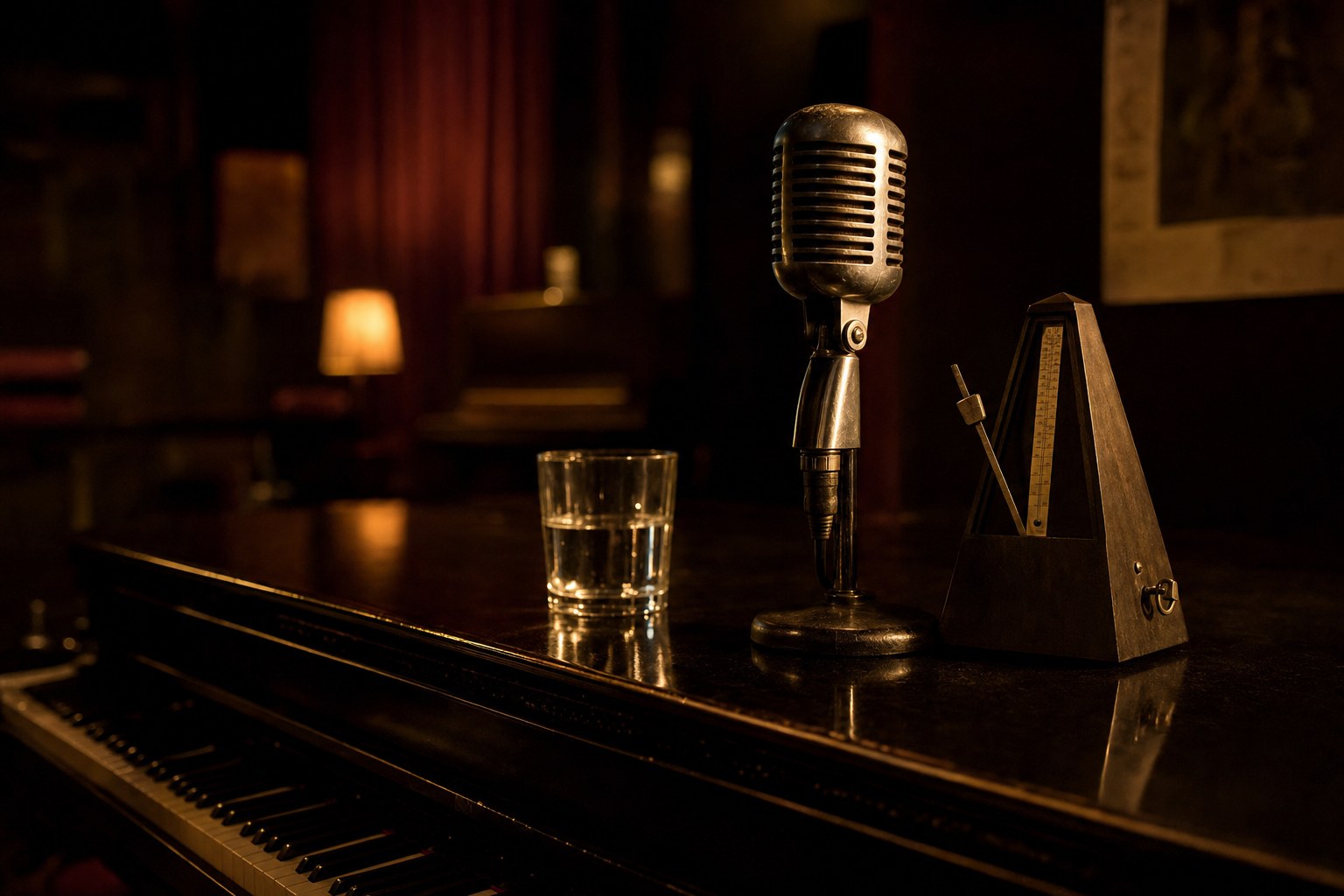 Vintage microphone and metronome on a piano before rehearsal