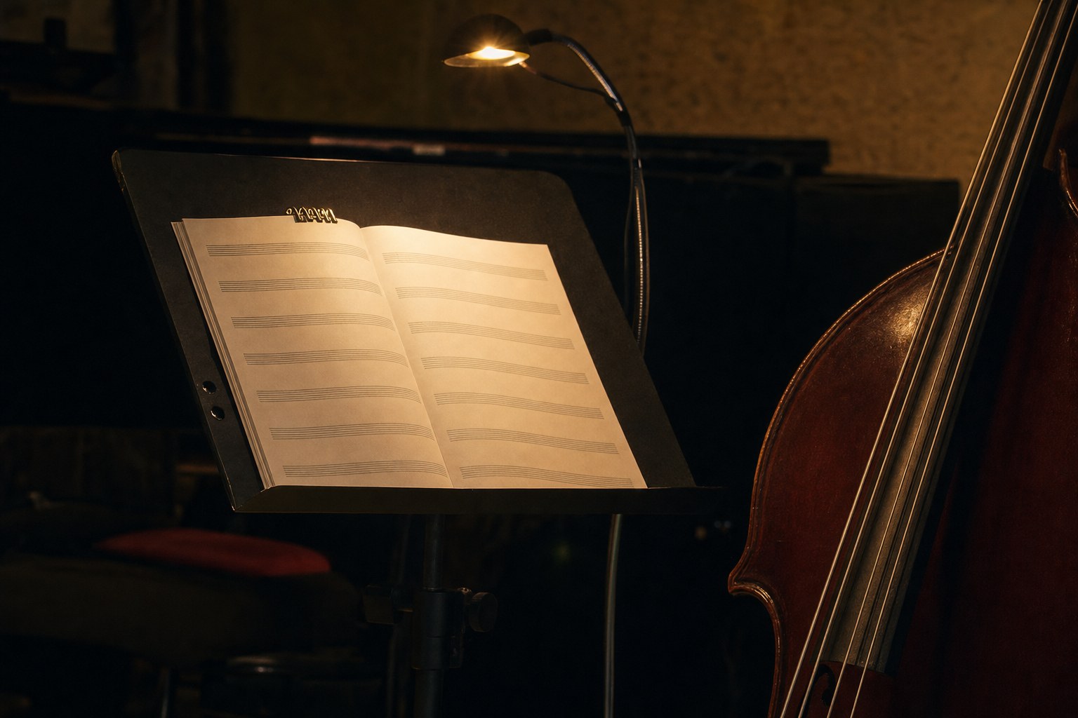 Blank lead sheet on a music stand beside a double bass