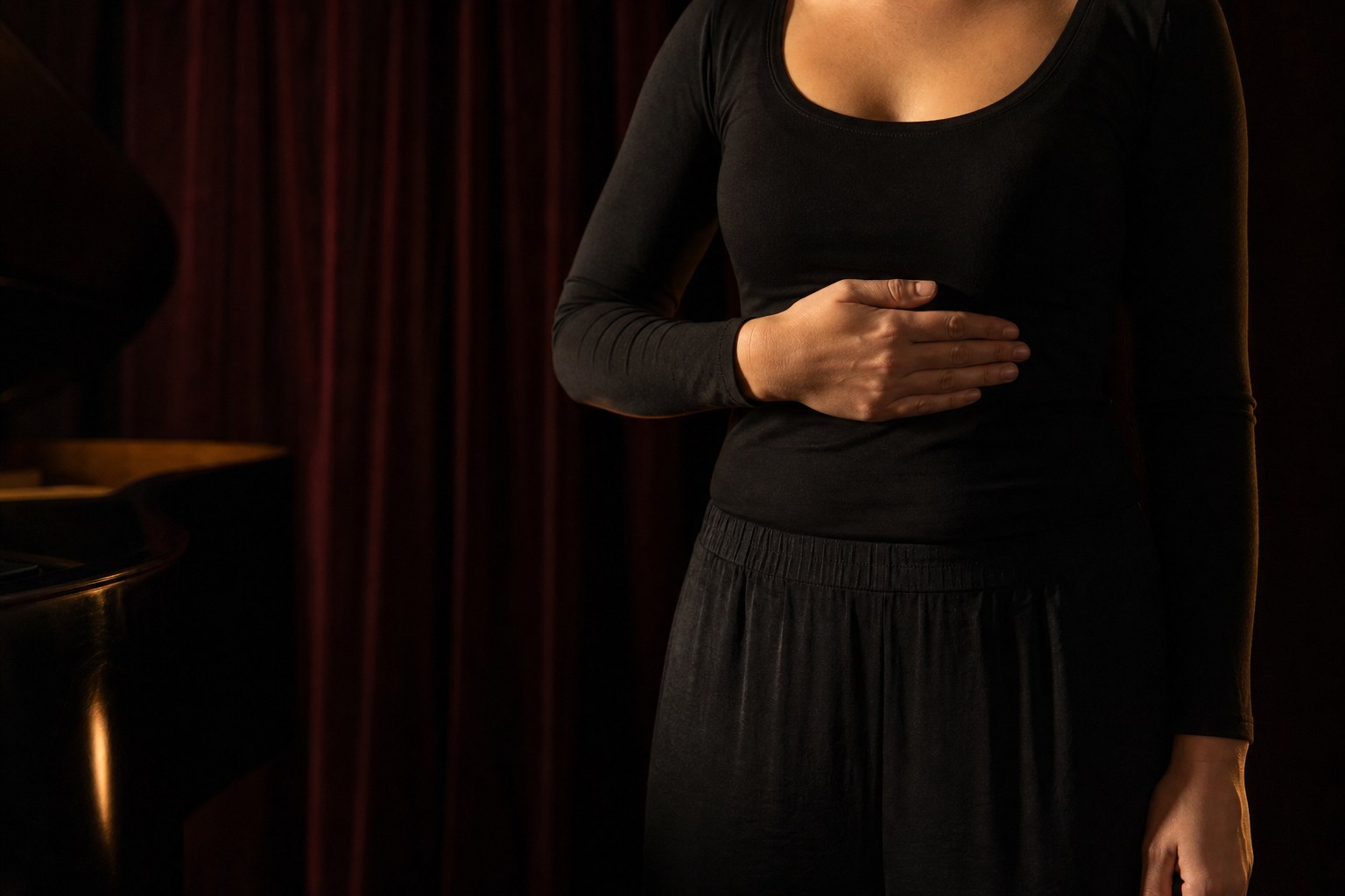 Singer placing a hand at the lower ribs during a breath exercise