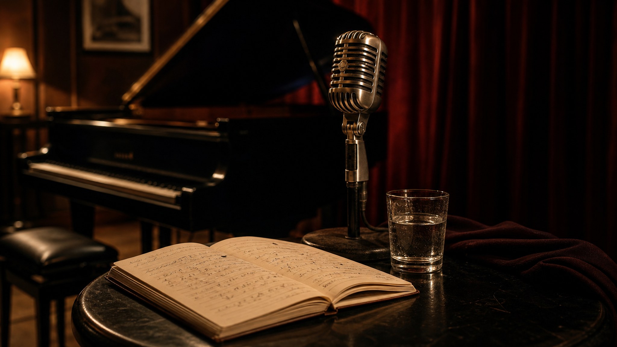Vintage microphone, vocal notebook and glass of water beside a grand piano