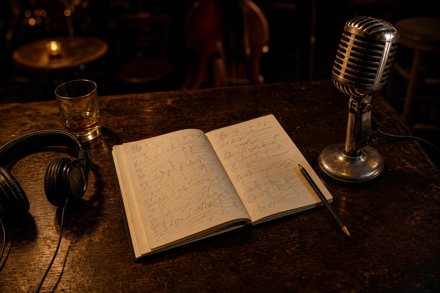 Vocal notebook, pencil, headphones and vintage microphone on a rehearsal table