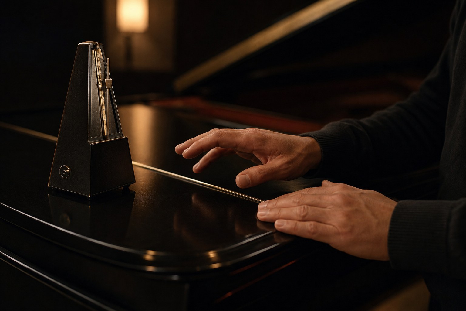 Hands marking time beside an analog metronome on a grand piano