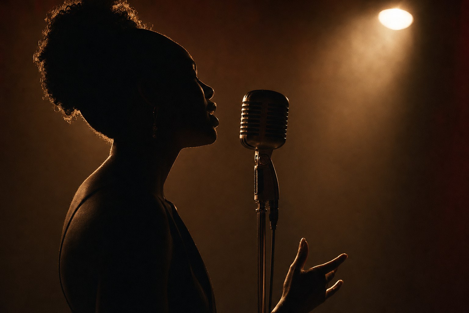 Singer in silhouette performing into a vintage microphone