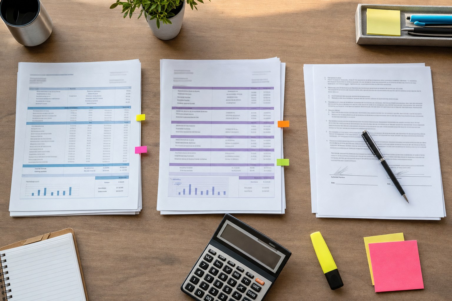 Invoices and a signed agreement arranged for a recurring-cost comparison