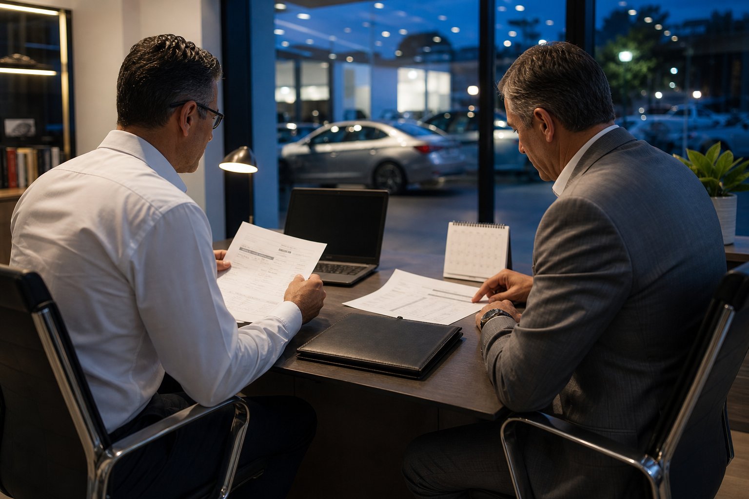 Dealership leaders reviewing vendor documents and a renewal calendar