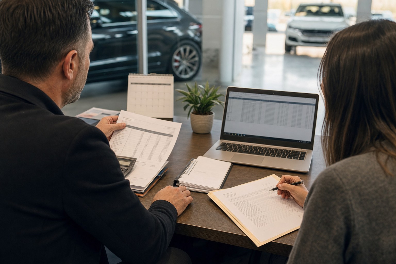 Dealership leaders reviewing vendor invoices, contracts, and a planning calendar