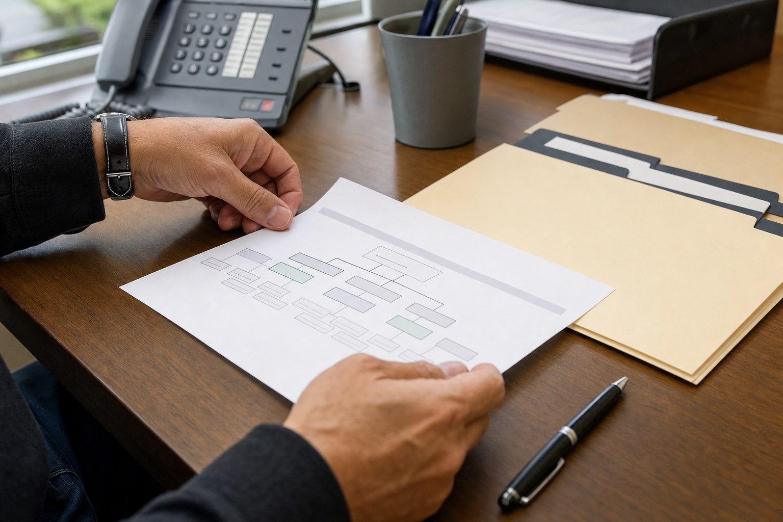 Manager organizing vendor records and ownership materials on a dealership office desk