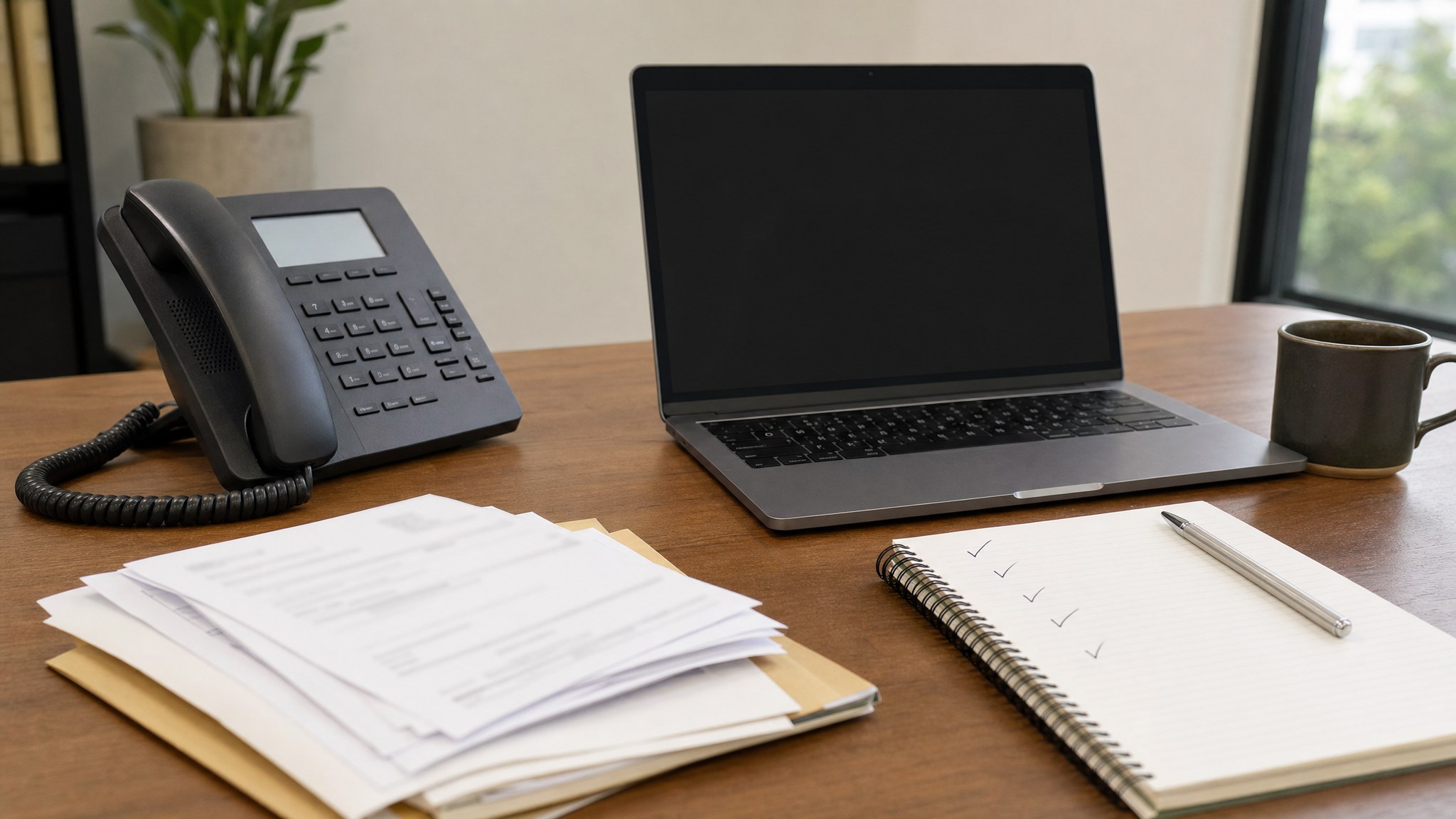 Phone, invoices, and checklist ready for a vendor performance review