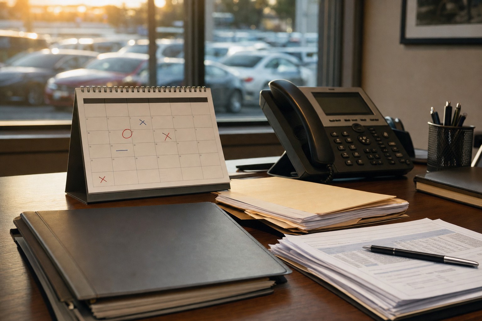 Dealership office calendar and contract materials prepared for a vendor renewal review